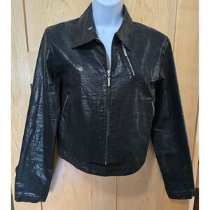 Hamnett Black Faux Leather Cropped Jacket W Zipper Details Textured Pattern VTG